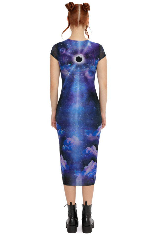 Galaxy print bodycon dress in blue and purple tones with eclipse artwork and mesh cap sleeves