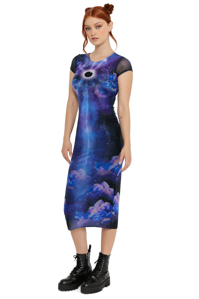 Cosmic bodycon midi dress with deep blue galaxy print, eclipse motif and soft cloud details