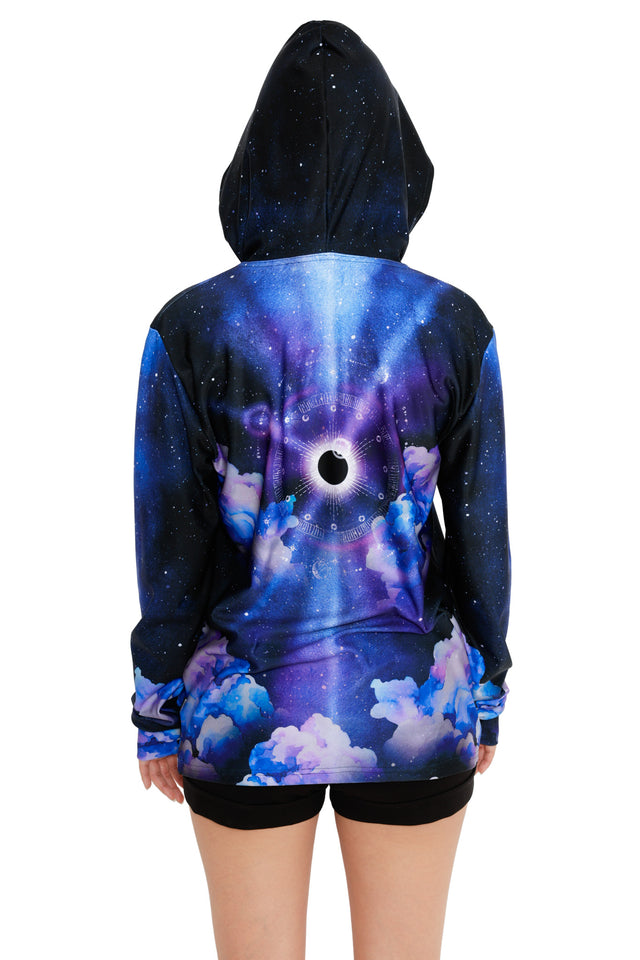 Space-inspired long sleeve hoodie top with celestial symbols, eclipse design and moody galaxy colours