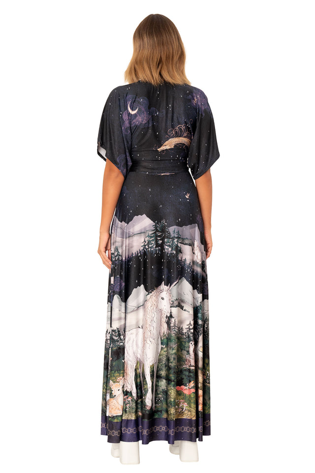 Women’s kimono sleeve maxi dress featuring enchanted unicorn illustration, wrap waist tie and flowing full length silhouette