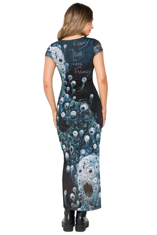 Energy Bubbles Sheer Cap Sleeve Bodycon Maxi Dress