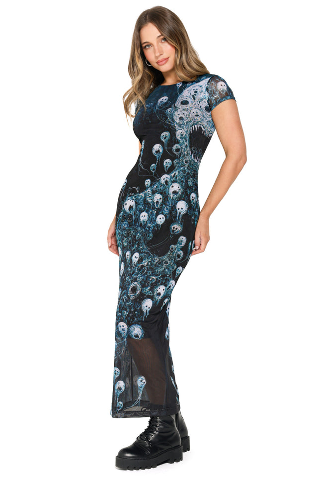Energy Bubbles Sheer Cap Sleeve Bodycon Maxi Dress