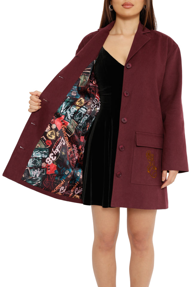 Fallout x BlackMilk Enjoy Your Stay Duster featuring front pockets, single-breasted buttons and Fallout-inspired embroidery.