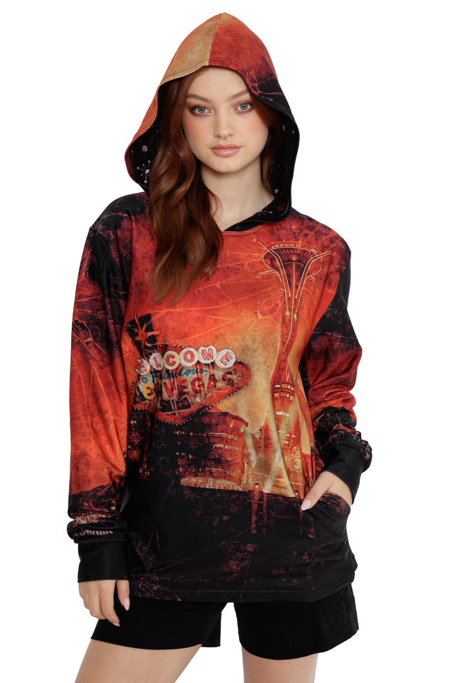 Fallout x BlackMilk black and red hoodie sweater inspired by Fallout New Vegas with vintage-style print.