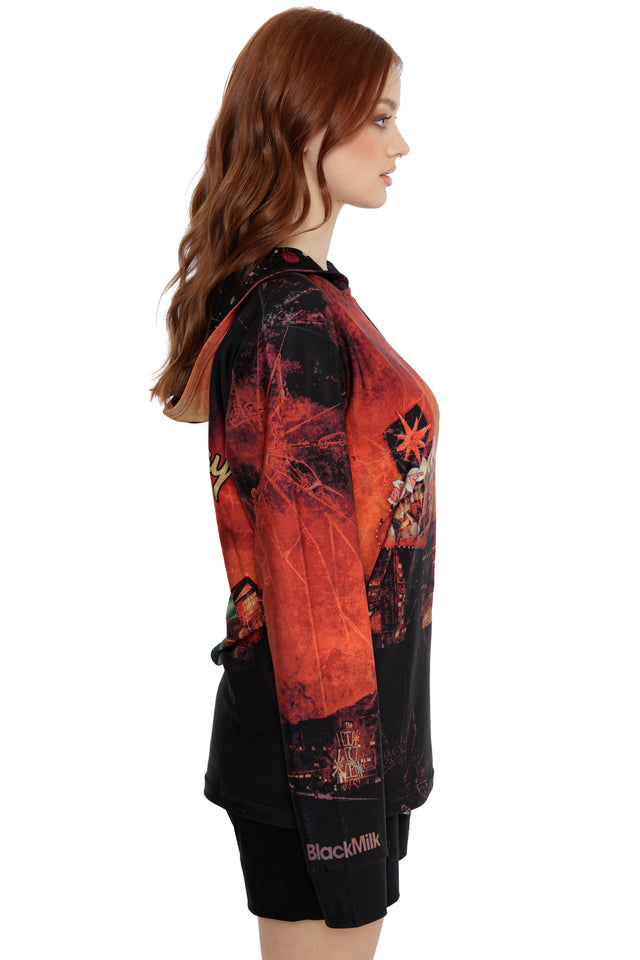 Oversized Fallout x BlackMilk Enjoy Your Stay Hoodie showcasing neon New Vegas sign and desert landscape design.