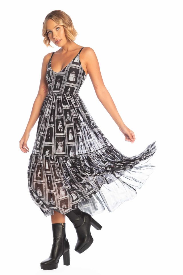 cat print maxi dress Pastel Meadow Cat Print Wide Straps Maxi Dress With Pockets M-CottonPoppy