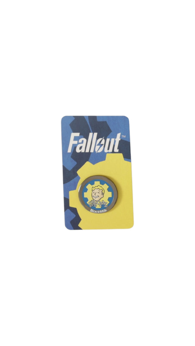 Fallout x BlackMilk enamel pin badge featuring Vault Boy and Vault-Tec inspired design on branded backing card.