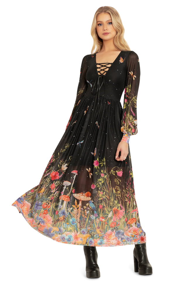 Fairytale Floral Sheer Bishop Sleeve Maxi Dress Front