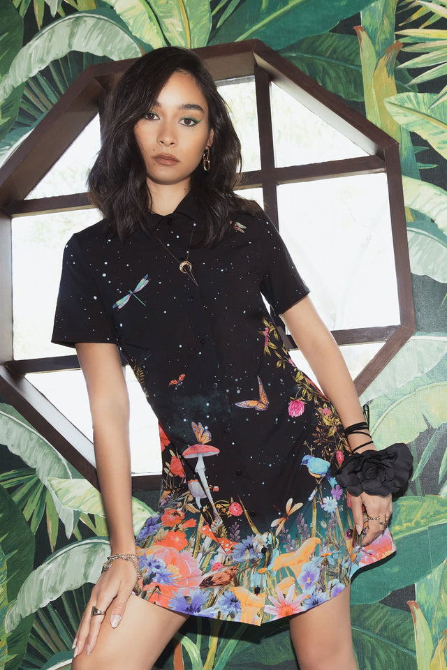 BlackMilk | Fairytale Floral Short Sleeve Shirt Dress | Black | XXL BlackMilk | Fairytale Floral Short Sleeve Shirt Dress | Black | XXL