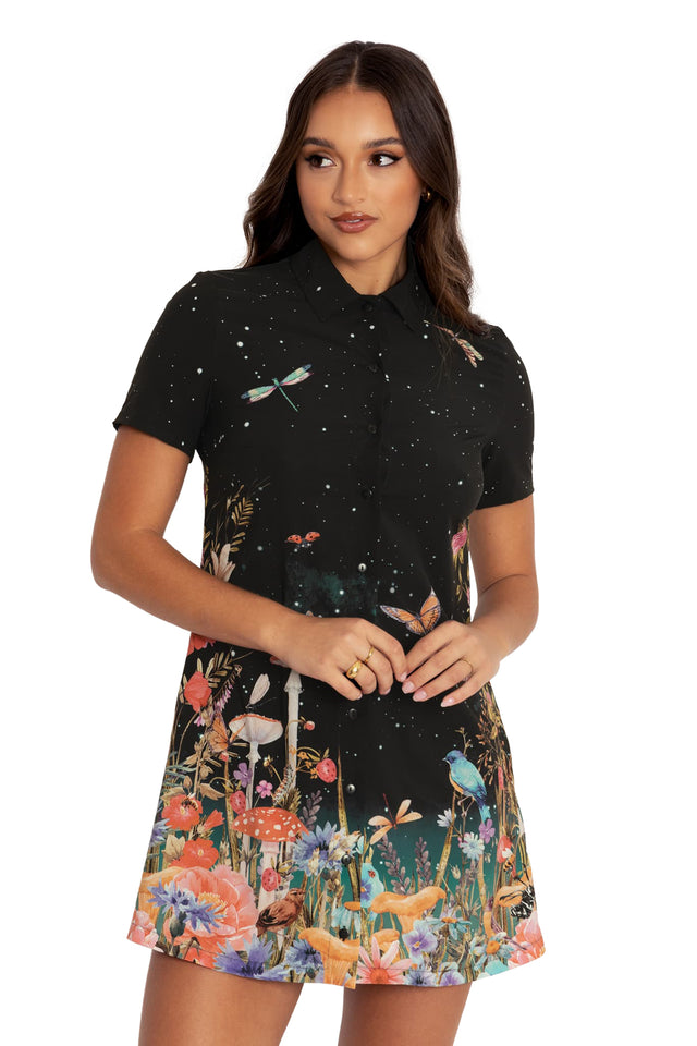 black shirt dress with flowers Beauty Washed Black Corduroy Floral Printed Shirt Dress Medium