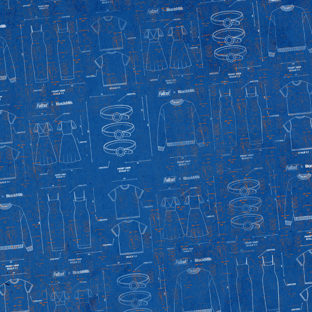 Blue background with white line drawings of clothing items and text