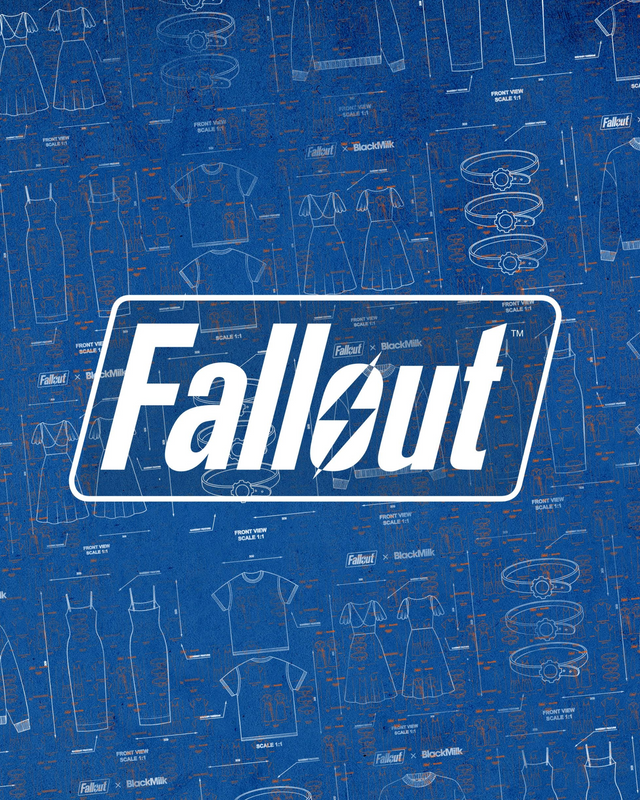 Blue background with white outlines of clothing items and 'Fallout' logo