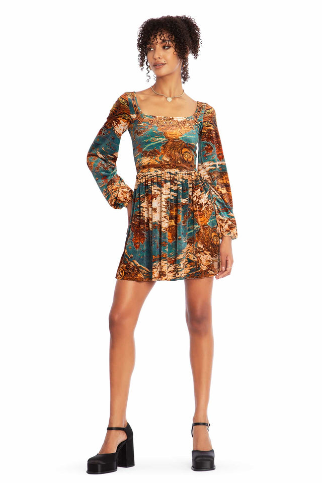 World Map Velvet Squared Up Bishop Skater Dress