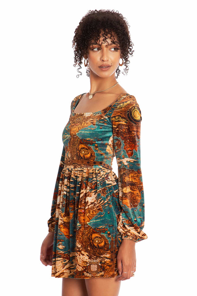 World Map Velvet Squared Up Bishop Skater Dress