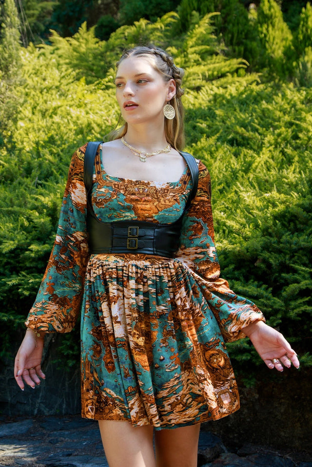 World Map Velvet Squared Up Bishop Skater Dress