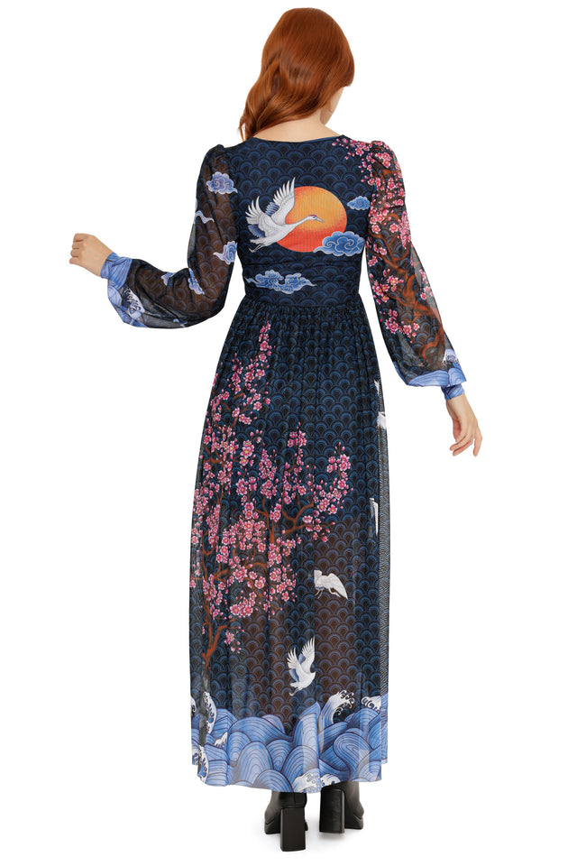 Flight of Tsuru Bishop Sleeve Maxi Dress
