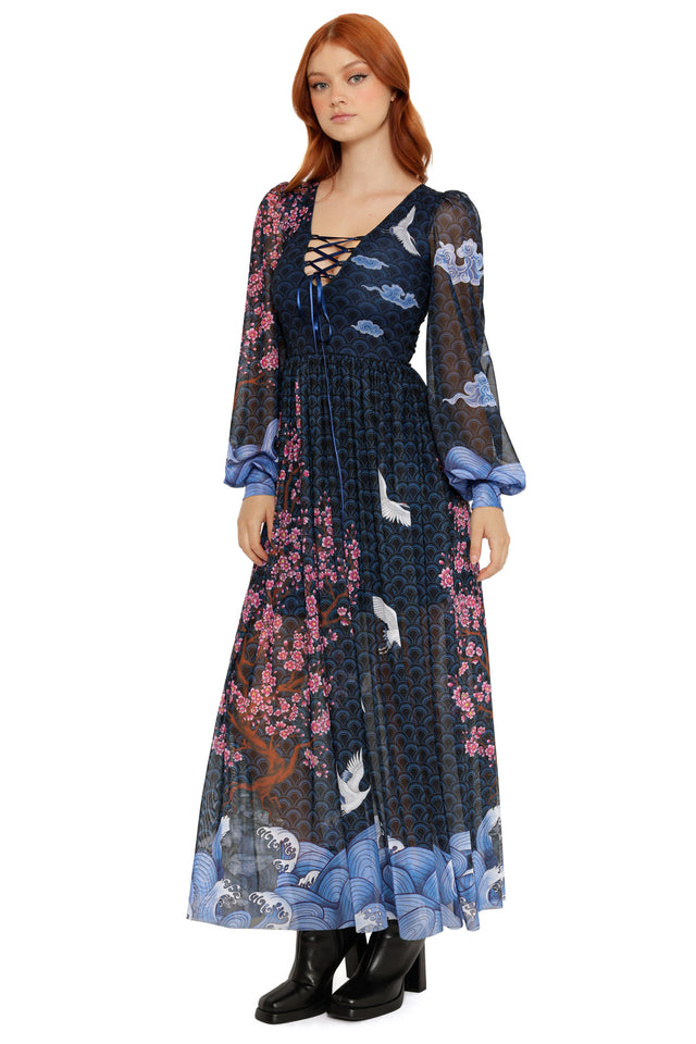 Flight of Tsuru Bishop Sleeve Maxi Dress