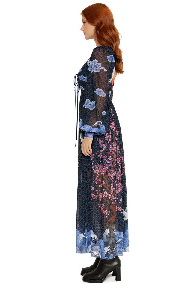 Flight of Tsuru Bishop Sleeve Maxi Dress