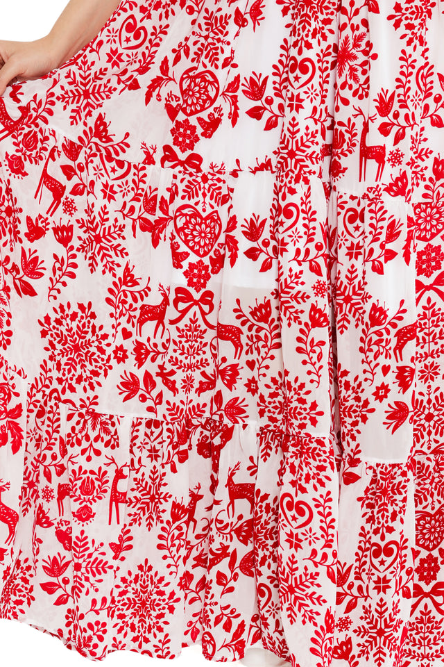 holiday outfit women’s red and white tiered maxi dress