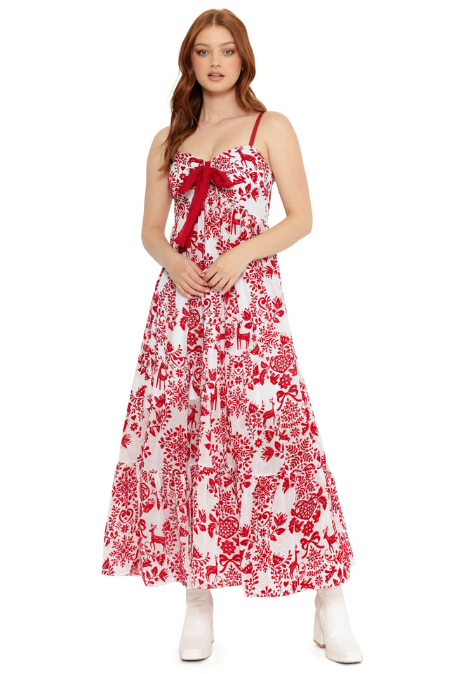 red and white christmas maxi dress with folk print and bow detail