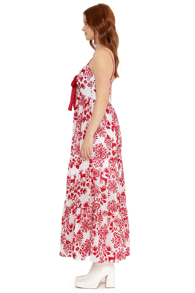 christmas party maxi dress red white folk animal print
