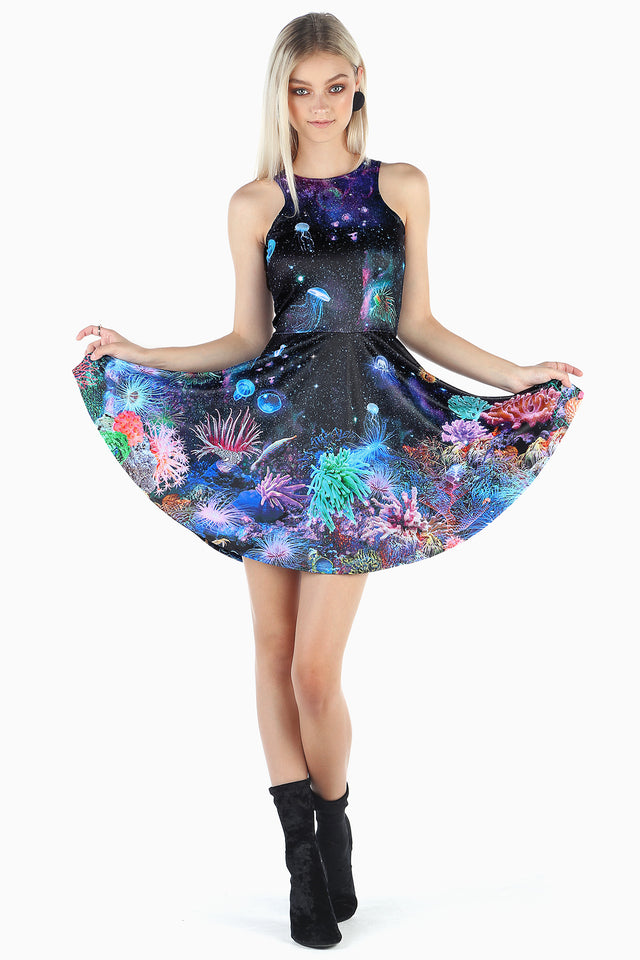Friends Not Anenomes Reversible Skater Dress BlackMilk, colourful underwater coral and jellyfish print, sleeveless skater dress with reversible scoop or racer front and pockets
