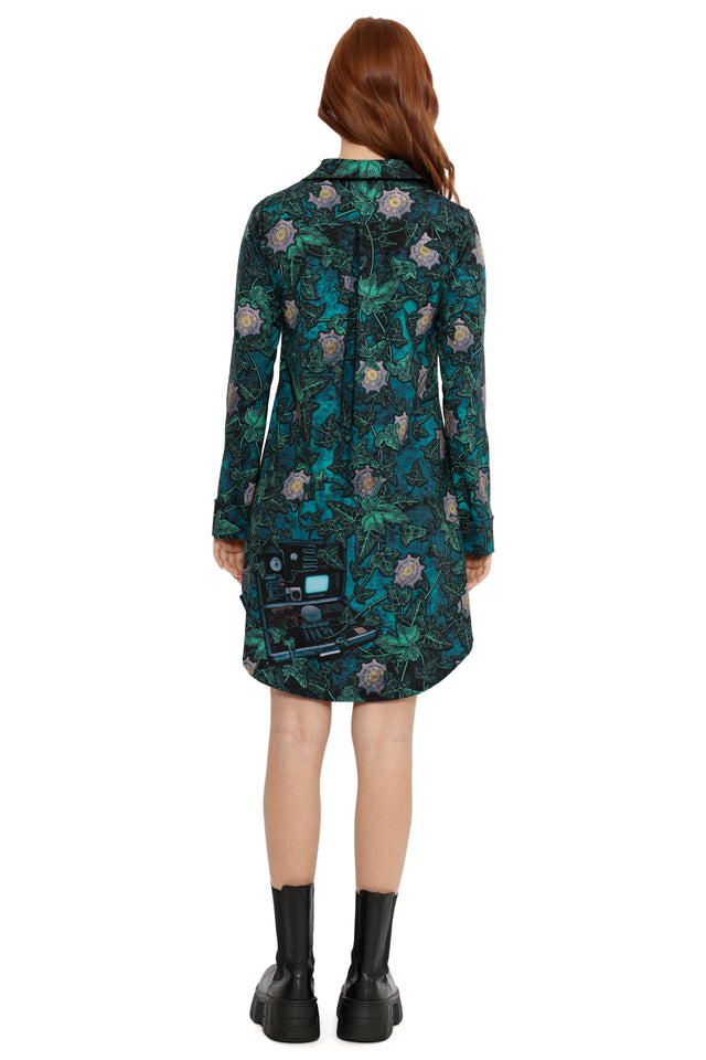 Fallout x BlackMilk G.E.C.K. Long Sleeve Dress featuring teal and black plant motifs inspired by the Garden of Eden Creation Kit.