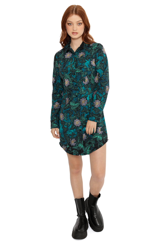 Fallout x BlackMilk G.E.C.K. collared mini dress with long sleeves, green botanical Fallout artwork and belt.