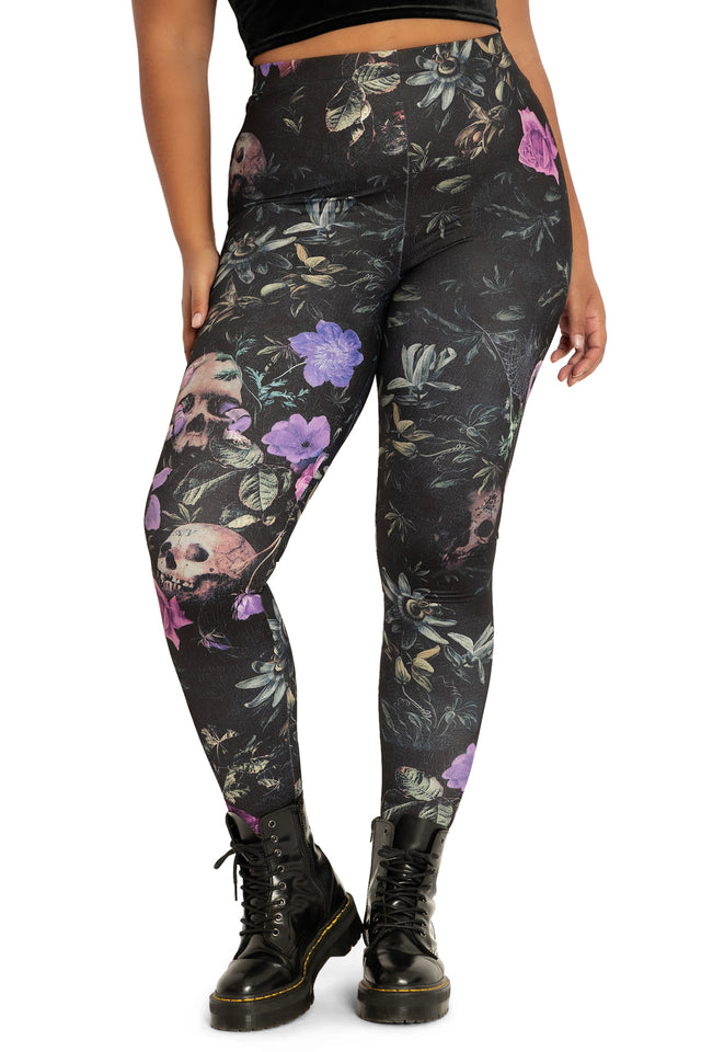 Garden Of The Dead Purple Matte Finish High Waisted Leggings closeup