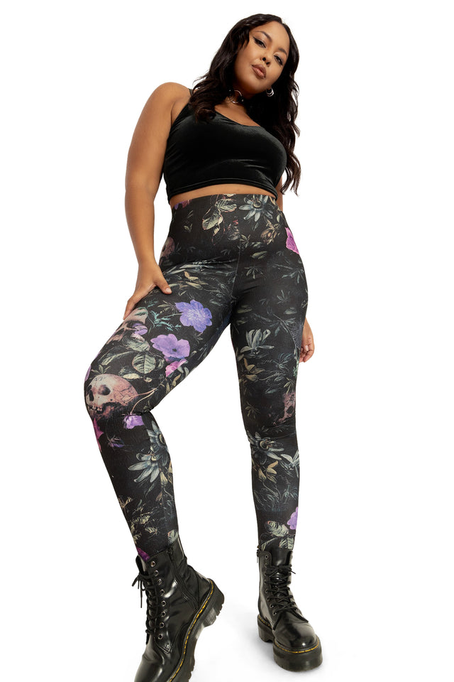 Garden Of The Dead Purple Matte Finish High Waisted Leggings wide