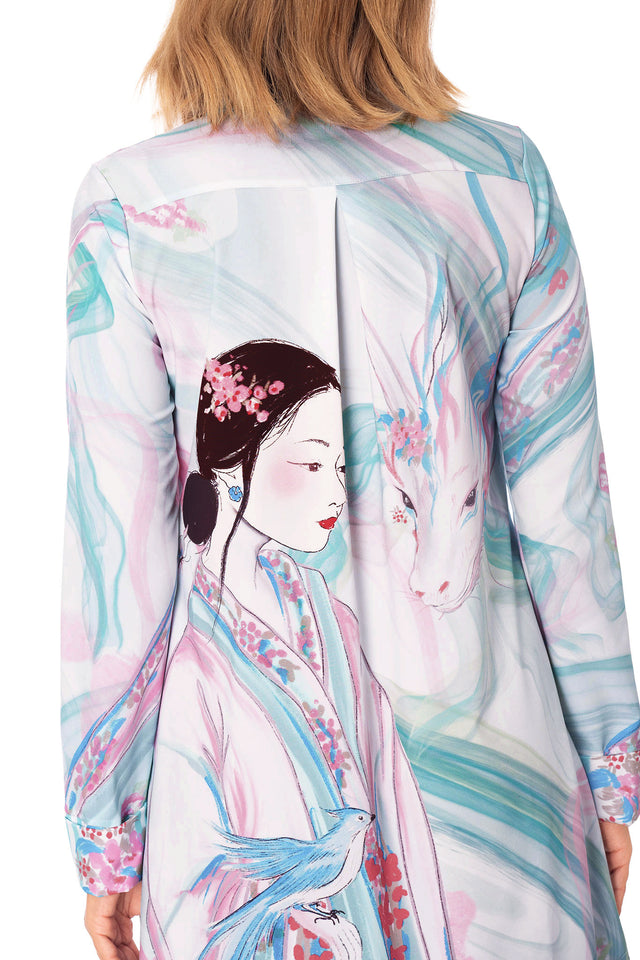 Pastel printed long sleeve business dress with collar, button front and mythical creature illustration in soft blue, pink and coral tones