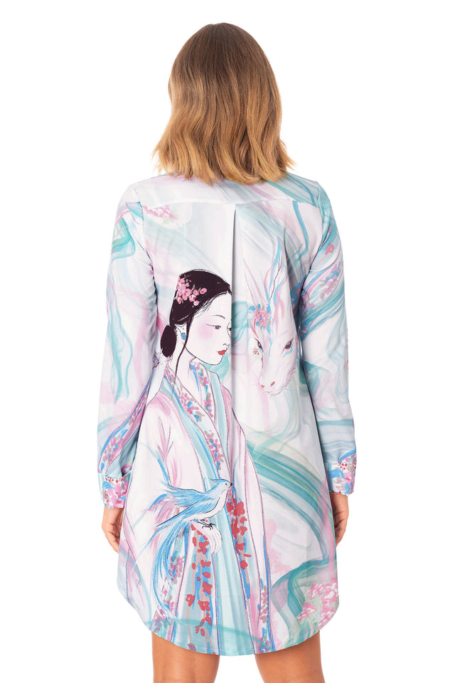 Garden of the Shenshou Long Sleeve Business Time Dress front product image showing tailored shirt dress silhouette and soft fantasy inspired print