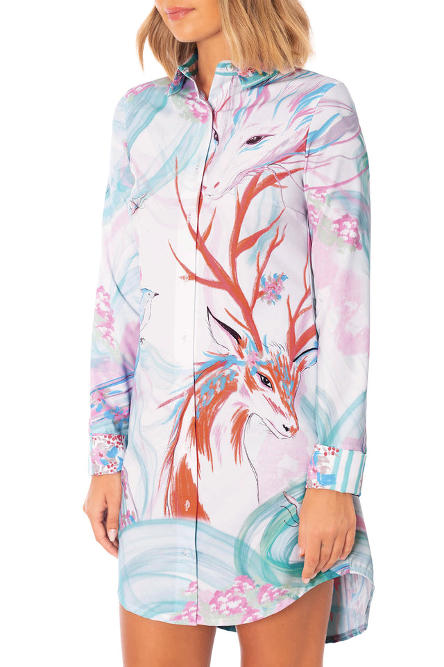 BlackMilk Garden of the Shenshou Long Sleeve Business Time Dress front studio image showing collared shirt dress with fantasy artwork and button front detail