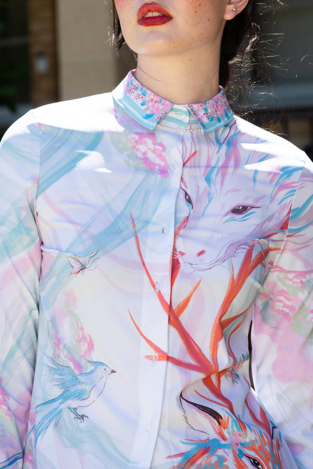 Front close image of Garden of the Shenshou Long Sleeve Business Time Dress with collared neckline, long sleeves and soft fantasy print