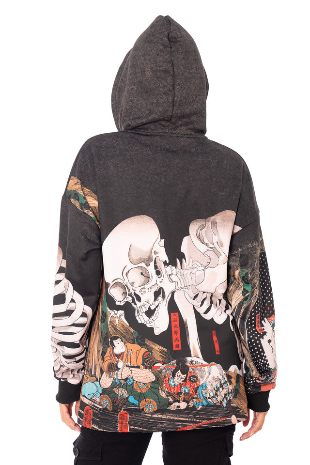 Front close image of Gashadokuru Comfy Hoodie with hooded neckline, oversized fit and dramatic Japanese ukiyo e inspired skeleton artwork
