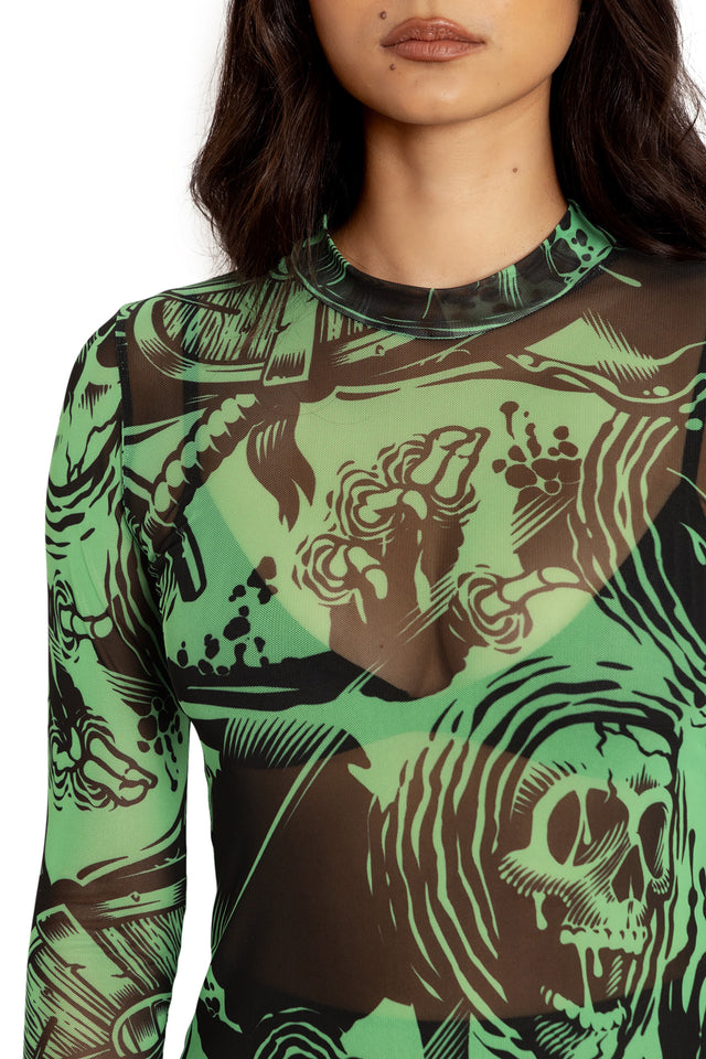 Gelatinous Cube Sheer High Neck Long Sleeve Top Closeup