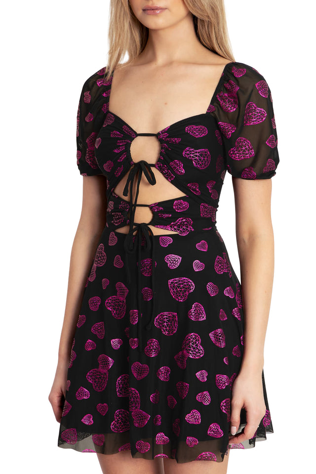 BlackMilk Clothing - Geodesic Hearts Puff Sleeve Miami Dress