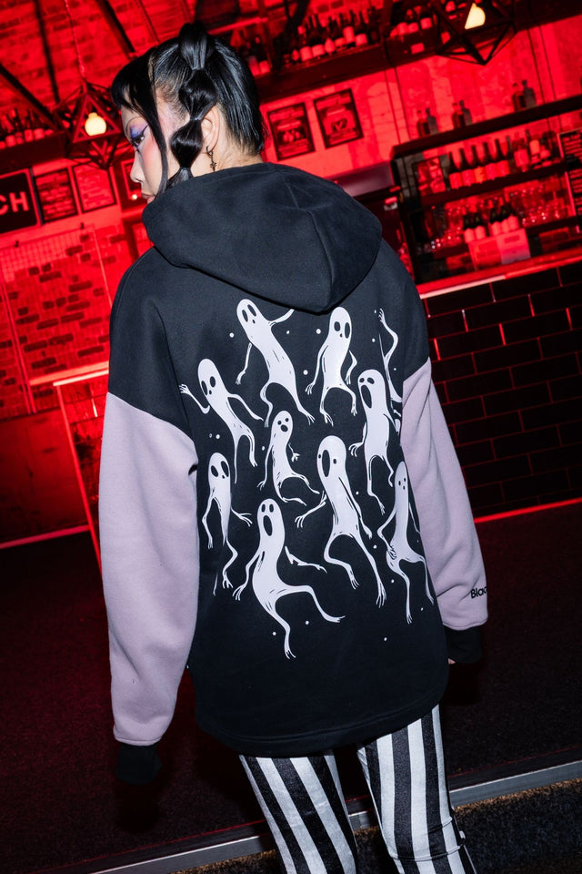 BlackMilk Ghost Party Comfy Hoodie – oversized unisex glow-in-the-dark ghost print Halloween hoodie in black and purple, part of the BlackMilk Clothing Halloween collection