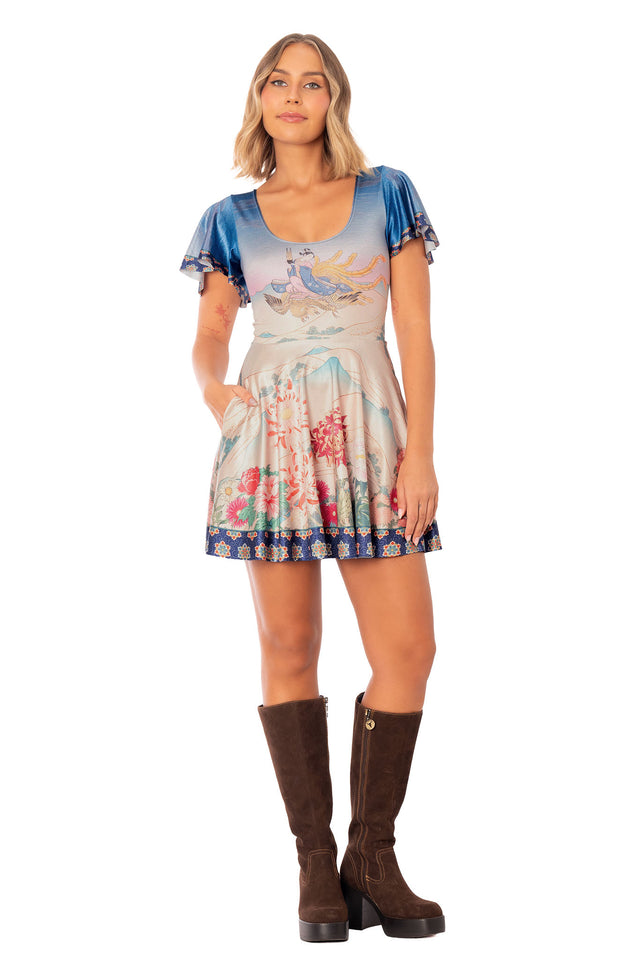 Golden Phoenix Flouncy Scoop Skater Dress featuring pastel floral artwork, mythical bird illustration and feminine skater shape