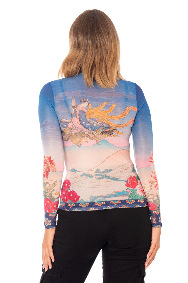 Women’s sheer long sleeve top featuring high neck detail, fitted silhouette and golden phoenix artwork