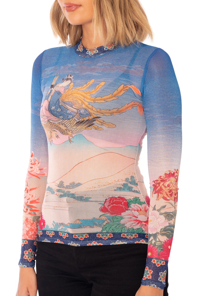 Women’s sheer long sleeve top featuring high neck detail, fitted silhouette and golden phoenix artwork