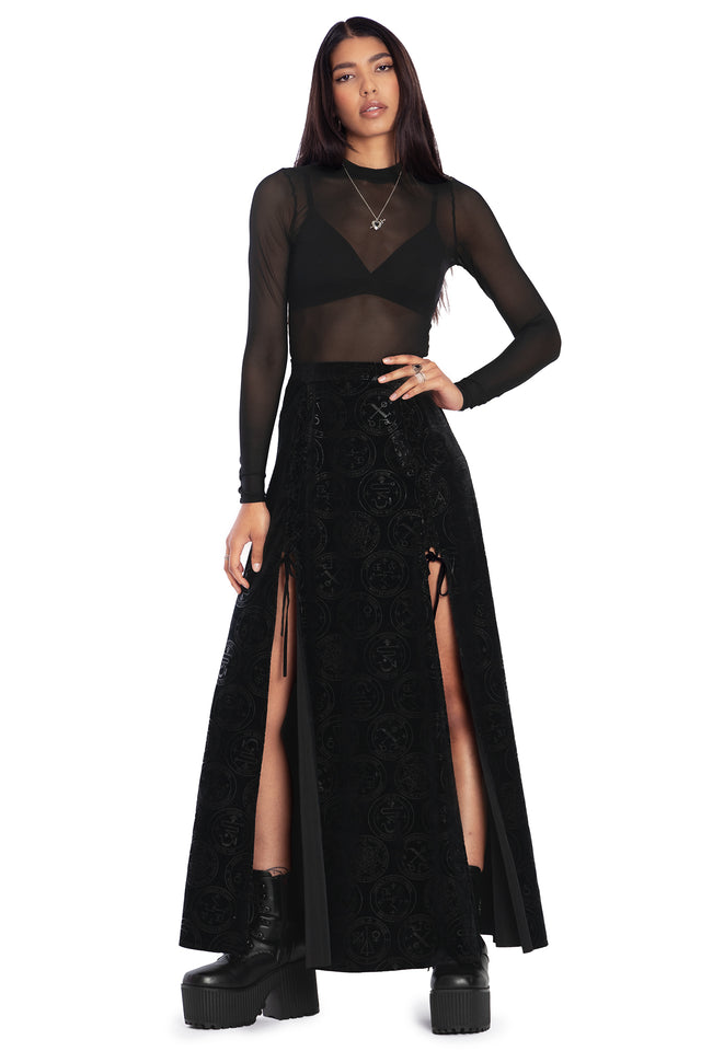 Good Charms Velvet Laced Split Maxi Skirt Front