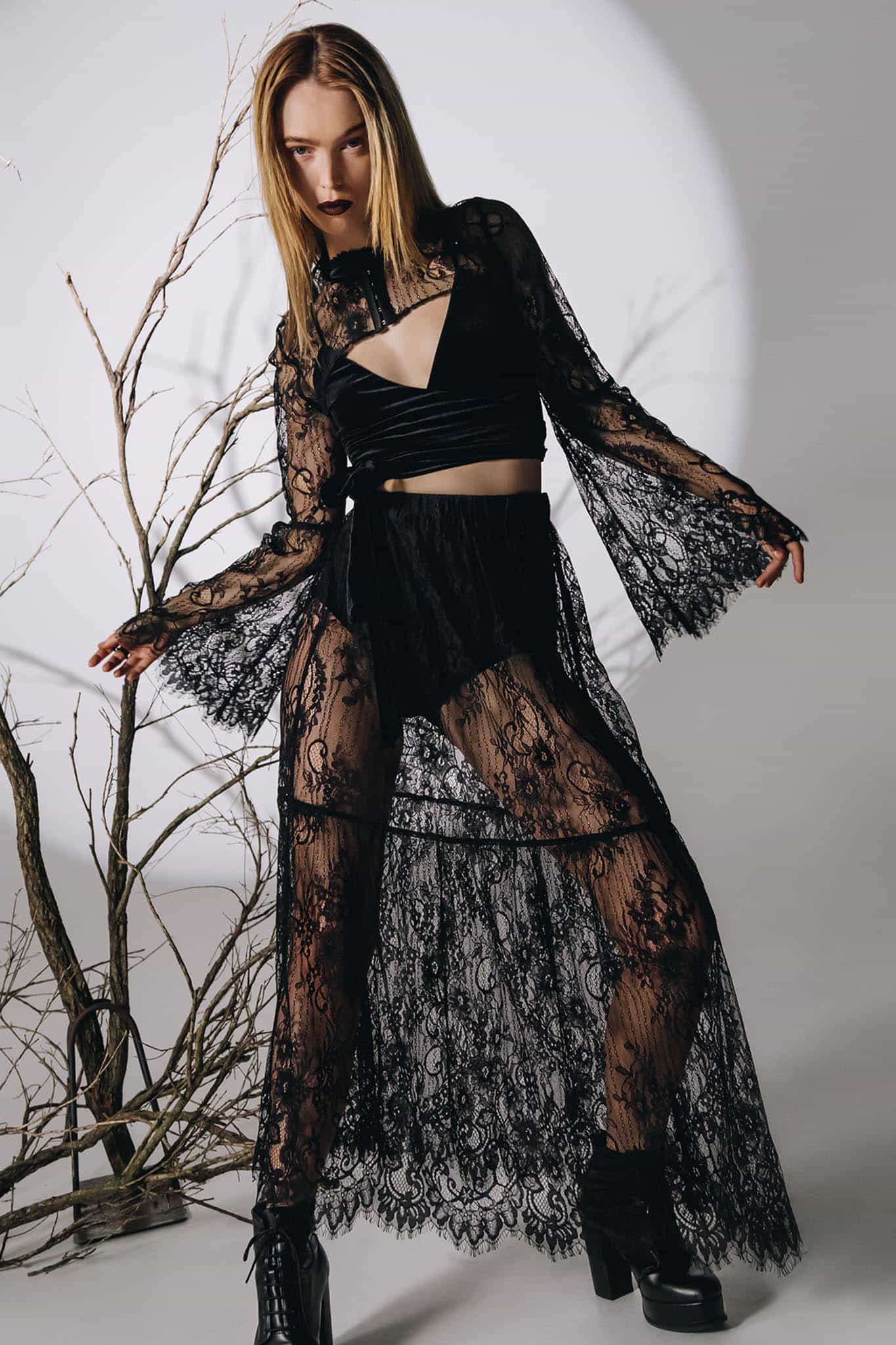 Lace Skirt Long Black Skirt With Boots Gossamer Lace Maxi Skirt