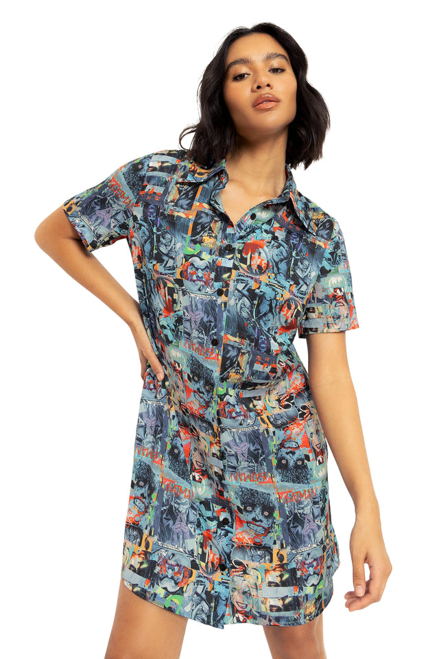 BlackMilk Clothing x Warner Brothers DC - Gotham Villains Button Up Shirt Dress - Warner Bros. Merchandise - Collaboration apparel - Licenced.