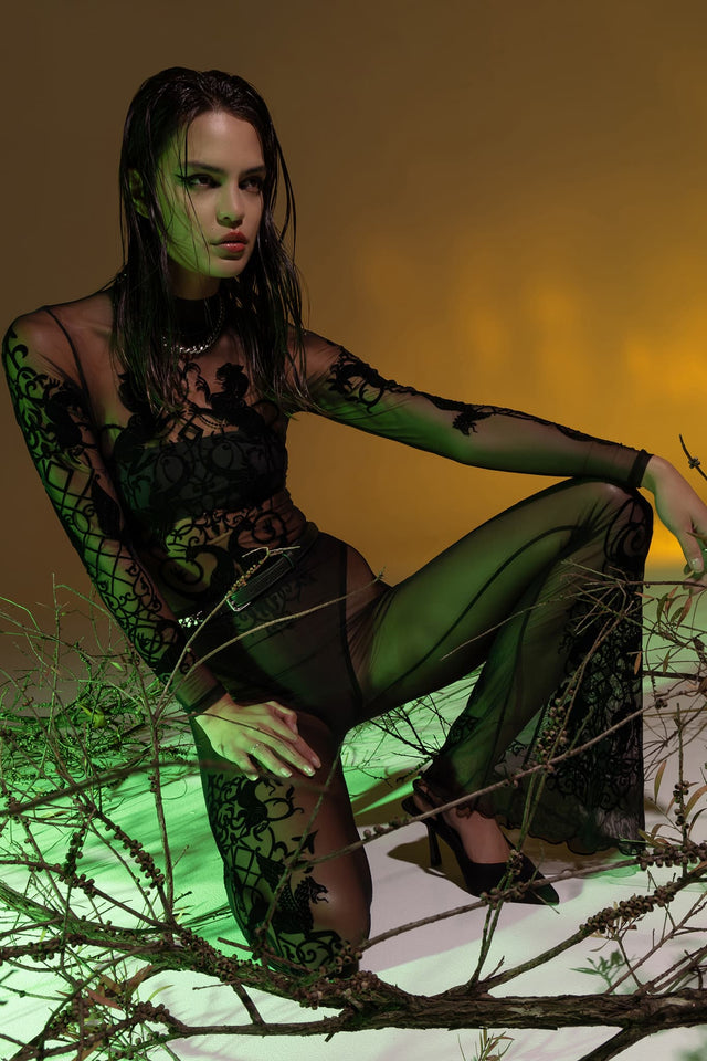 BlackMilk Clothing - Gothic Gates Sheer High Neck Long Sleeve Bodysuit