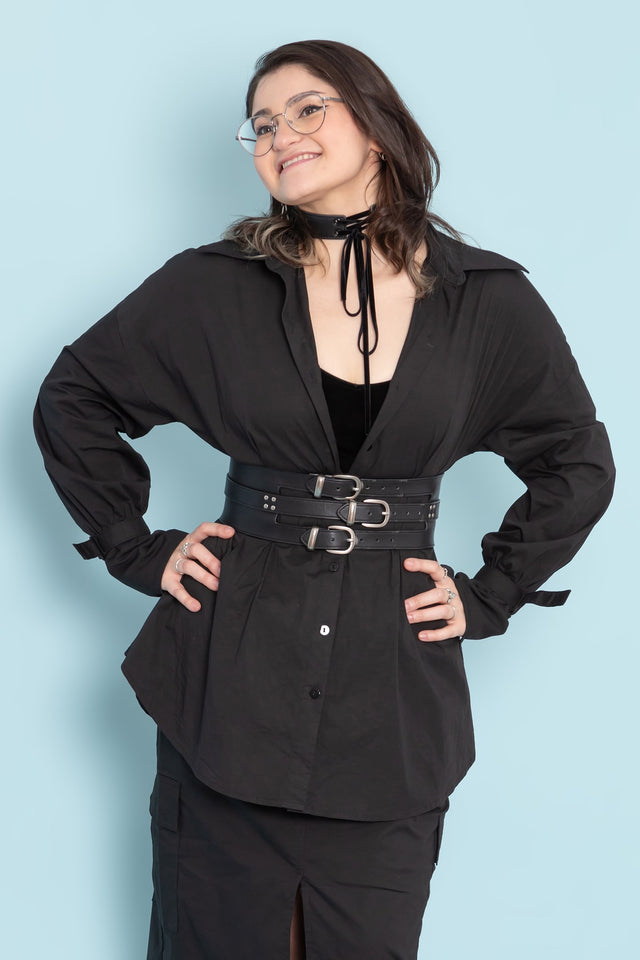 BlackMilk Clothing - Essentials - Staples - Gothic Romance Black Cinched Waist Button Up Shirt