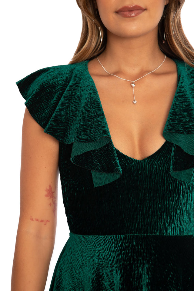 BlackMilk Clothing - Christmas Collection - Wreck The Halls - Green Crinkle Velvet Flutter Collar Dress