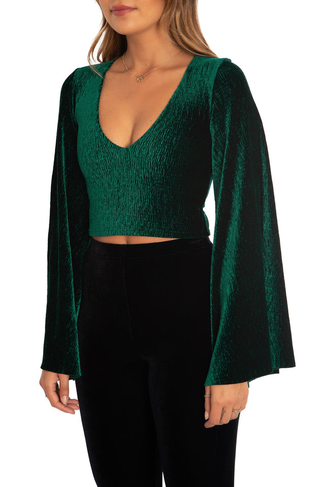 BlackMilk Clothing - Christmas Collection - Wreck The Halls - Green Crinkle Velvet Sleeve Top