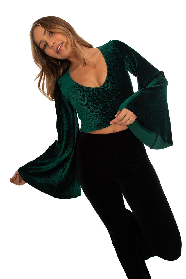 BlackMilk Clothing - Christmas Collection - Wreck The Halls - Green Crinkle Velvet Sleeve Top