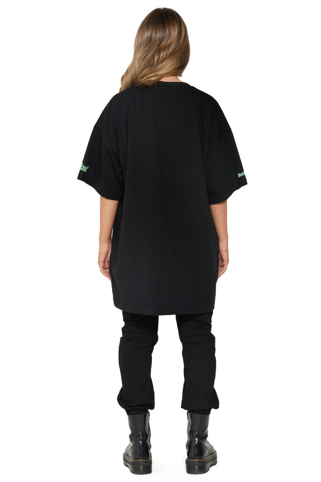 Fallout x BlackMilk oversized black tee with green Vault Boy diagram print inspired by Fallout stats screen.